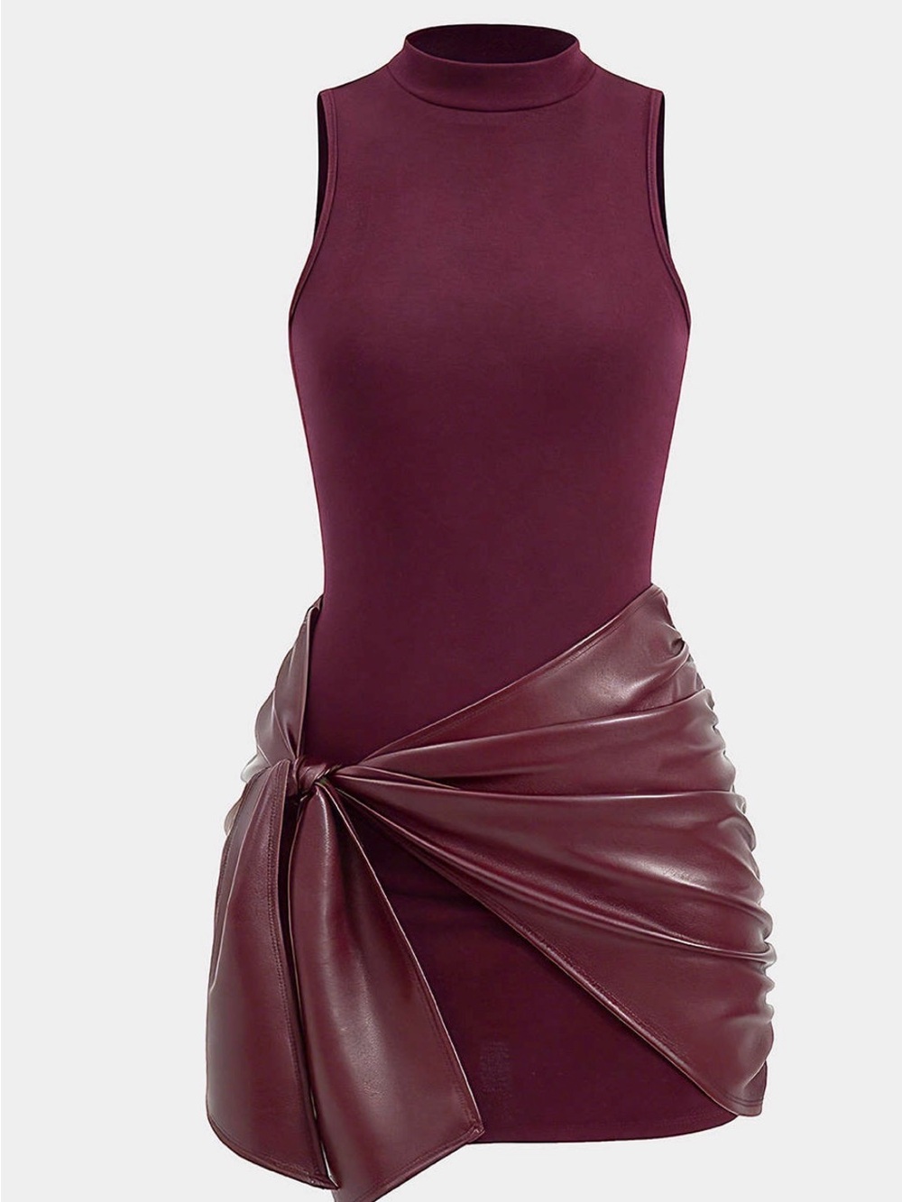 Asymmetrical Faux-Leather Wrap Skirt Mini in Burgundy